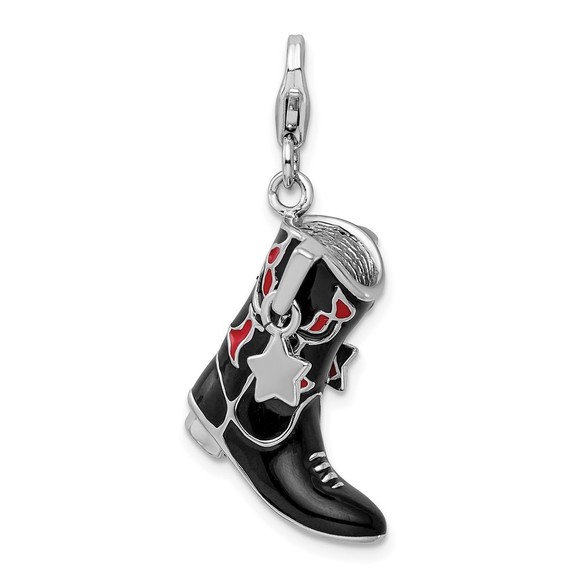 Sterling Silver 3-D Black Red Enameled Cowboy Boot Bracelet Charm Lobster Clasp - Picture 1 of 3